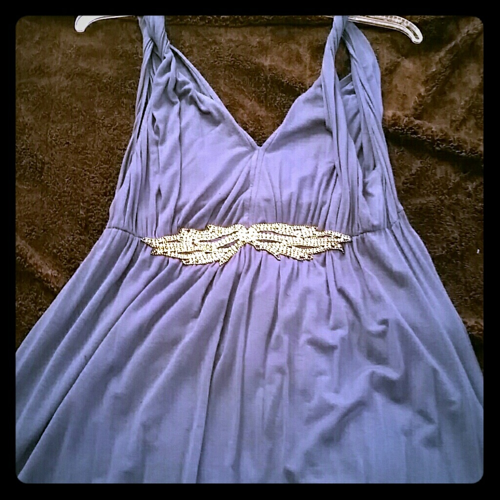 Blue gathered waist dress with rhinestone details